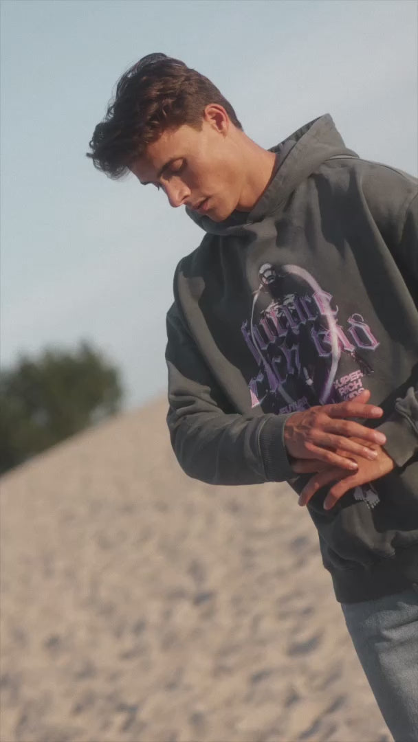 Hoodie 'Future Rich Kid' Acid Wash Grey met paars